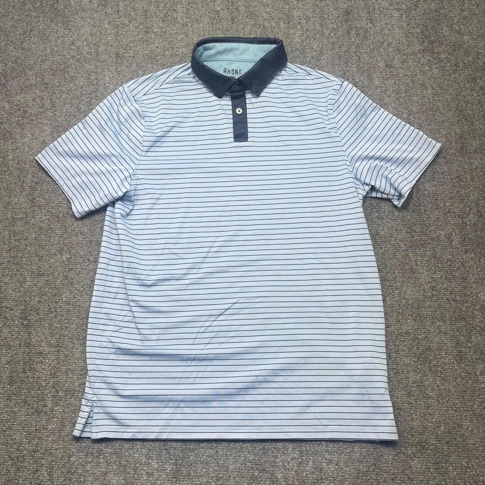 Rhone Mens Delta Pique Stripe Polo Shirt Blue Navy Short Sleeve Golf Top Small